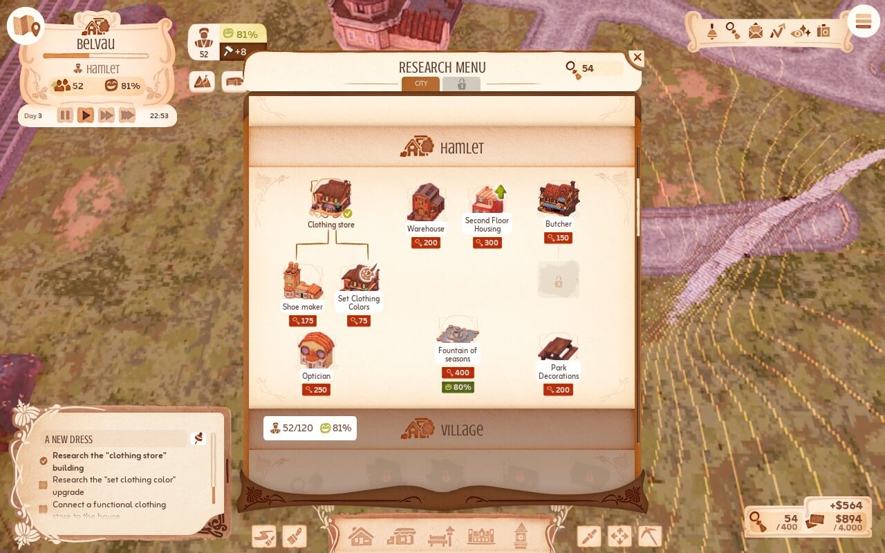 Screenshot from Town to City. A game interface displaying the research menu for a hamlet, featuring options like a clothing store, warehouse, and butcher.