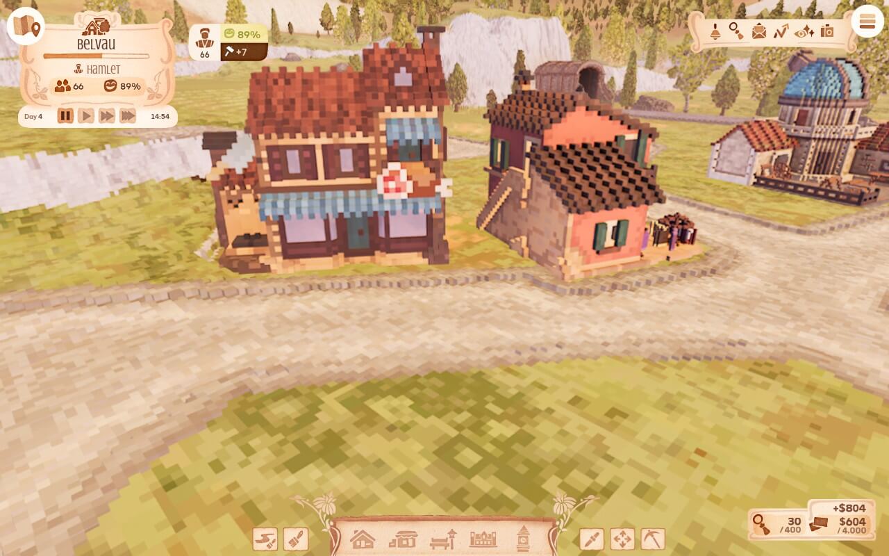 Screenshot from Town to City. A quaint hamlet scene featuring pixelated houses, a path, and a serene background of rolling hills and trees, in a simulation game interface.