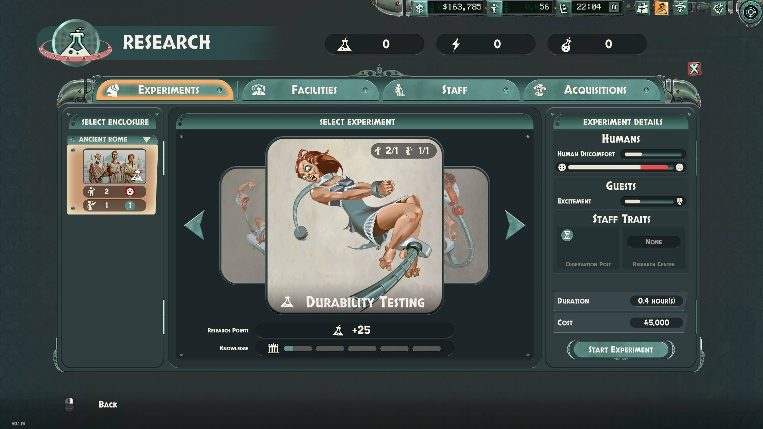 Screenshot of a research interface showing an experiment titled "Durability Testing" with details on duration, cost, and human discomfort level.