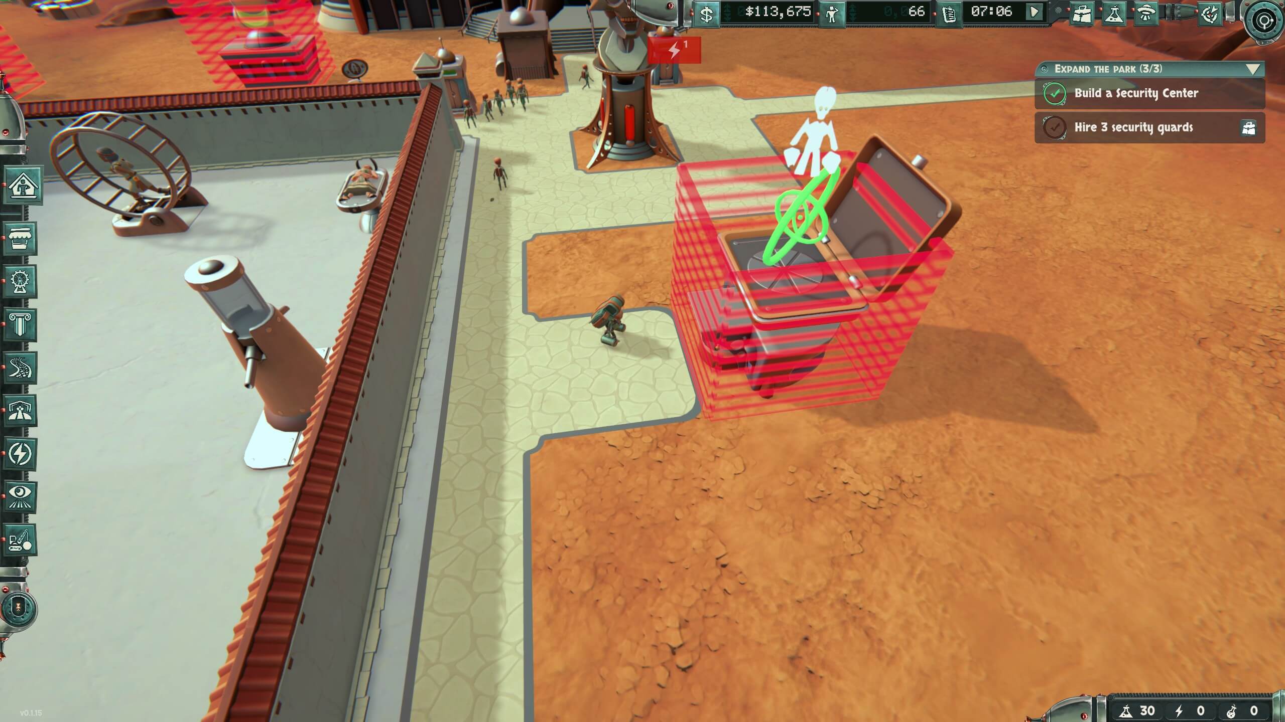 A top-down view of a virtual desert park with a character near a red-marked security area, surrounded by futuristic structures and people.
