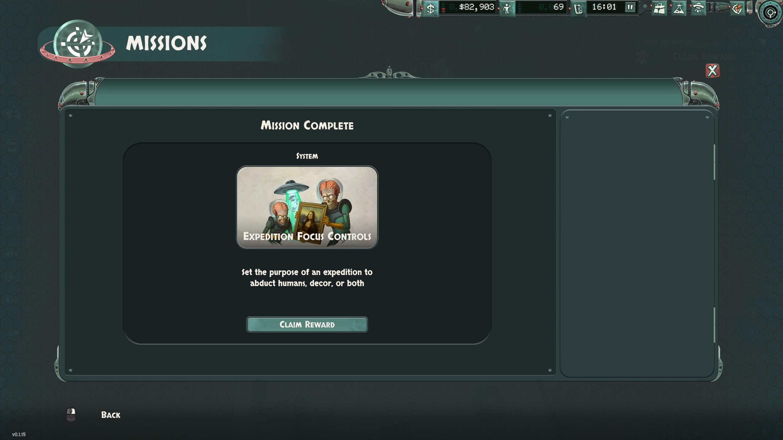 Mission complete screen displaying "Expedition Focus Controls," with options to abduct humans, decor, or both, and a claim reward button.