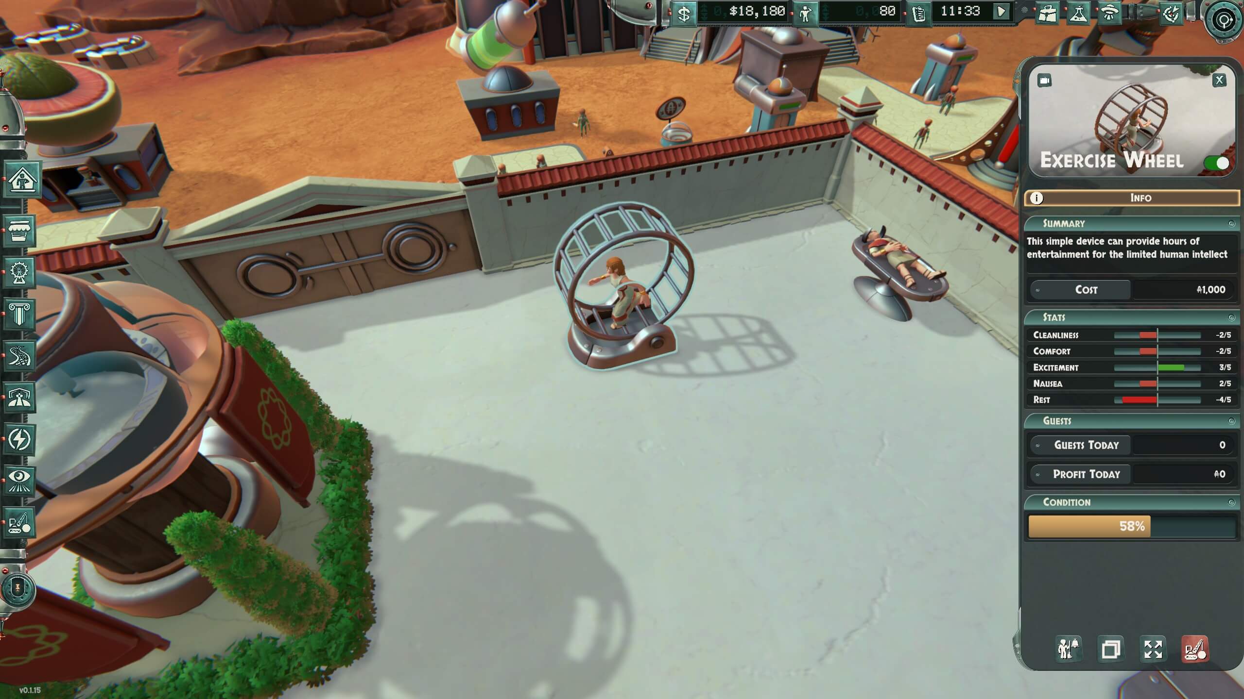 An exercise wheel with a roman human using it in a futuristic setting, showcasing its stats and features on a digital interface.