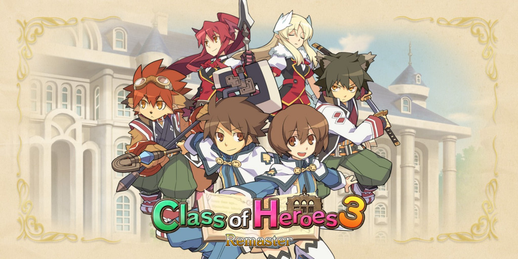 The image showcases the key art for 'Class of Heroes 3 Remaster'. Five anime-style characters stand in the foreground. These characters include a fox-eared character with goggles holding a magic staff, two students wearing white and light blue uniforms. A red-haired character with a large weapon and a blonde character stand in the background along with a character with bear ears holding a sword. Behind them is a grand, light-coloured academy building in a fantasy, hand-painted style, with ornate flourishes in each corner of the image. The vibrant logo 'Class of Heroes 3' is positioned at the bottom, with 'Remaster' just below it in smaller text.