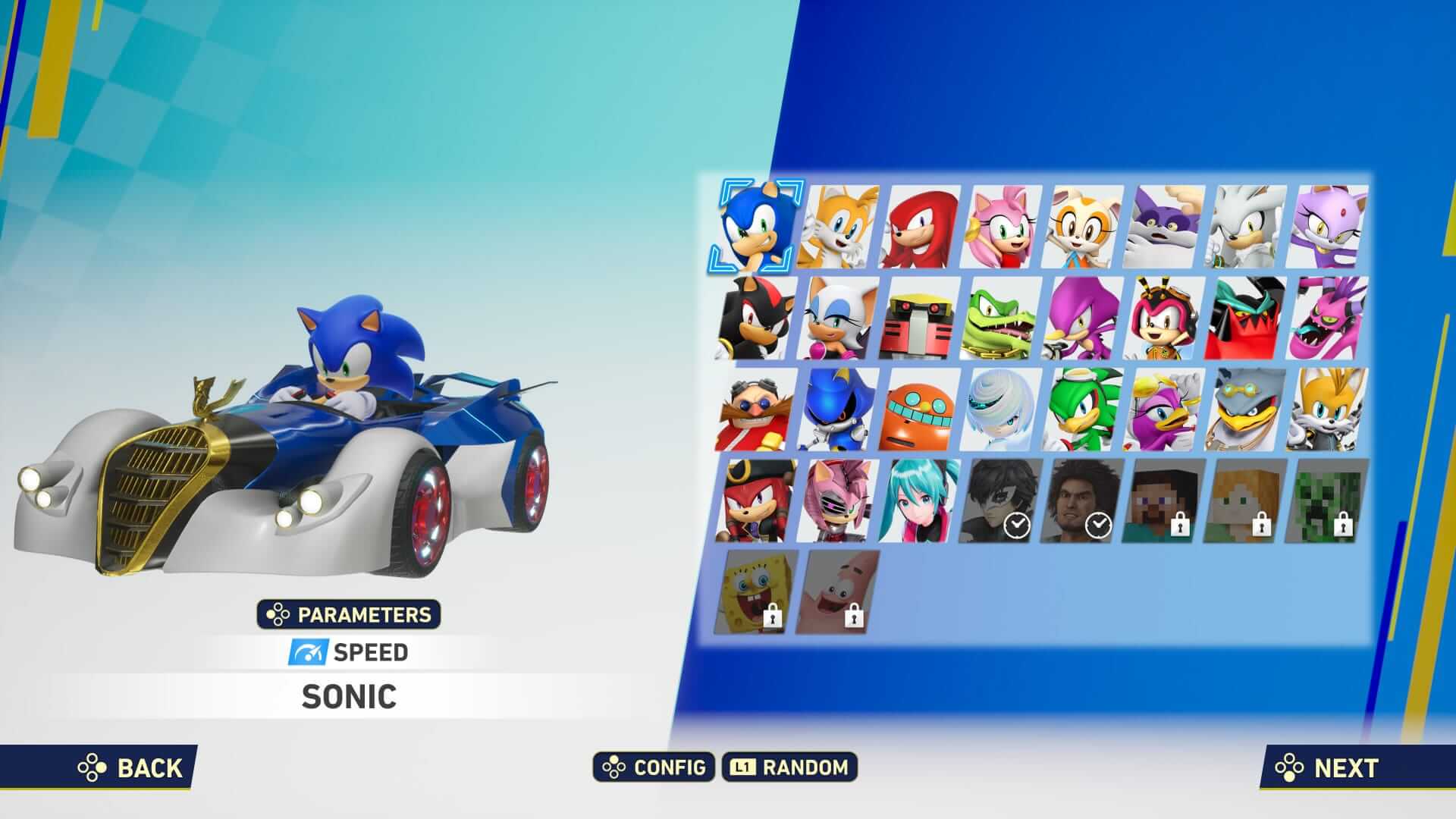 Screenshot from Sonic Racing: Crossworlds. Game character selection screen, featuring a blue and white car driven by a blue hedgehog. Various character icons are displayed on the right. Some are locked, including SpongeBob SquarePants and Steve from Minecraft.