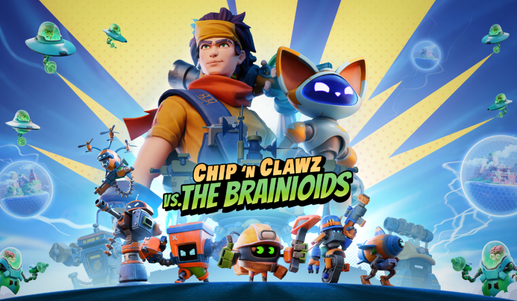 A colourful video game cover featuring Chip and Clawz, heroic robots, battling whimsical alien enemies. Title: "Chip 'n Clawz vs. The Brainoids."