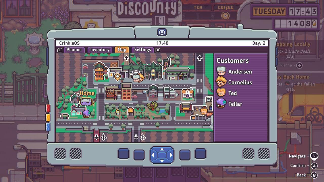 discounty screenshot showing the map with a selection of characters available to go and talk to