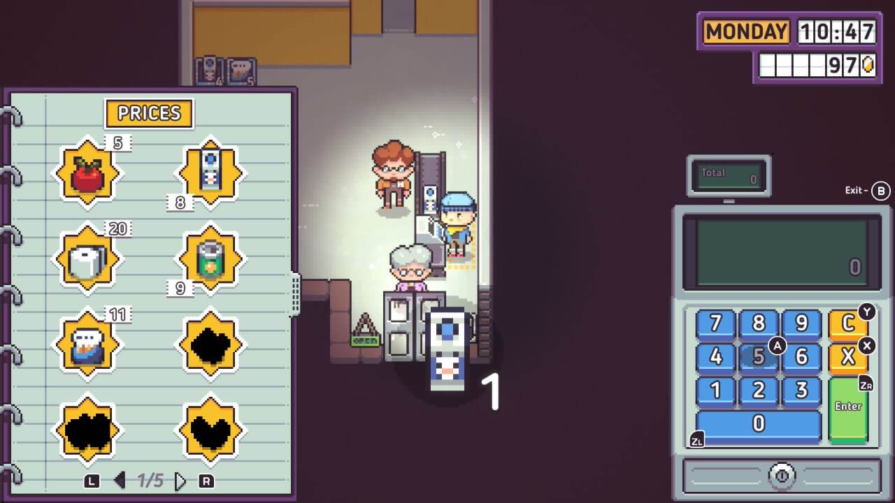 Discounty screenshot showing the layout when you run the shop, featuring notepad with prices and cash register