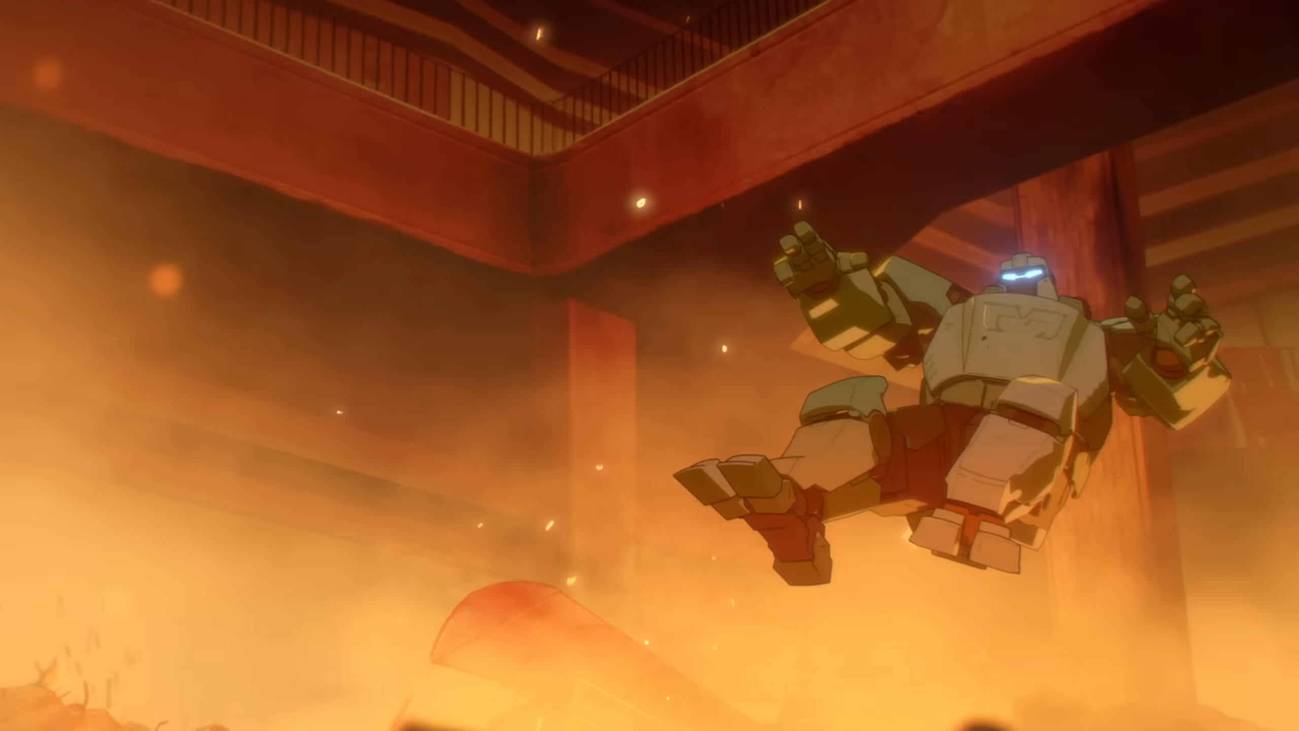 Screenshot from Dispatch. Mecha Man's suit flies backwards through the air through a fire-lit, smokey, building lobby.