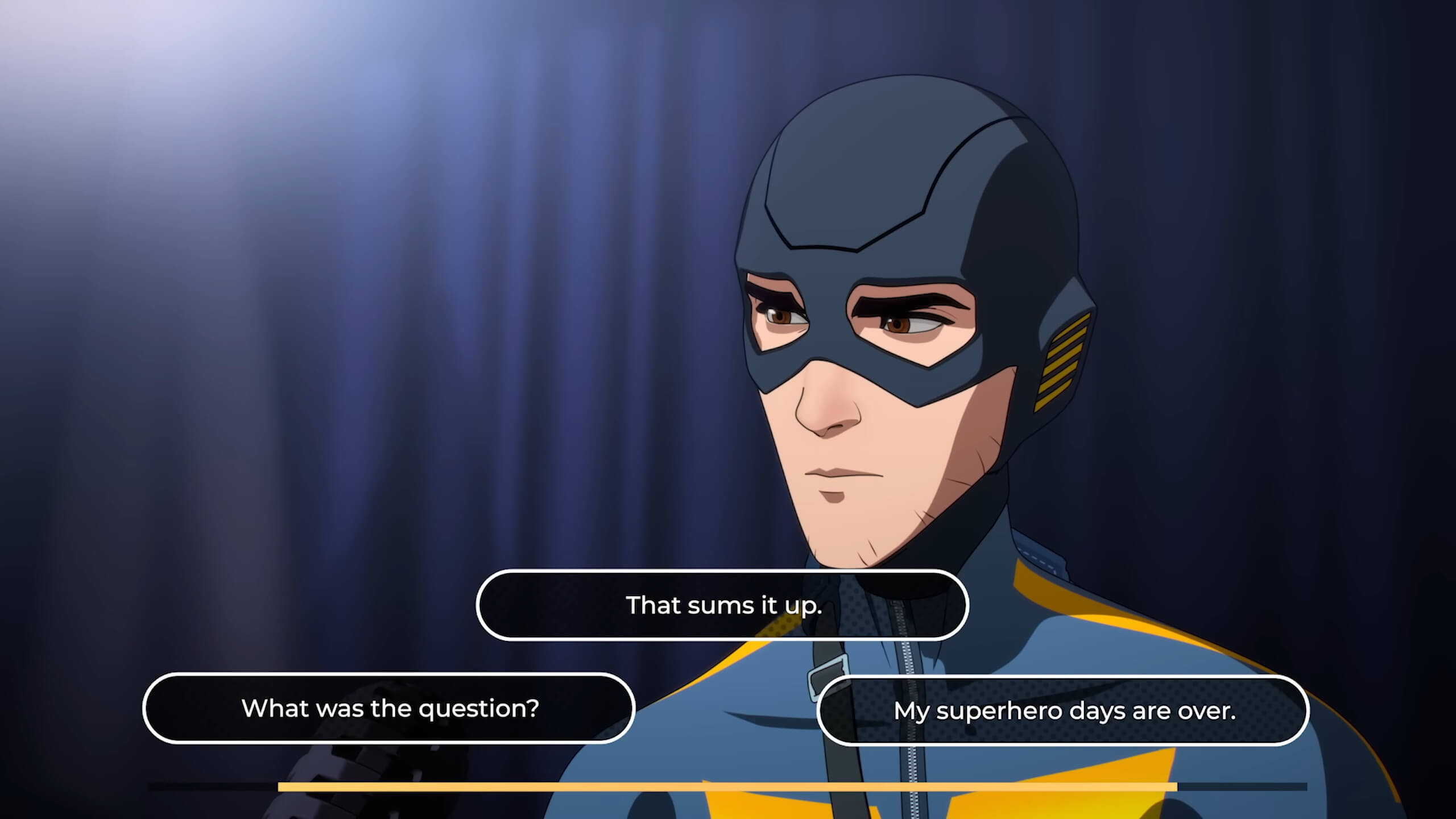 Screenshot from Dispatch. Robert, in a superhero suit and cowl, stood on a podium at a press conference considering his response to a question. 3 options are displayed at the bottom of the screen; “That sums it up.”, “What was the question?”, and “My superhero days are over.”.