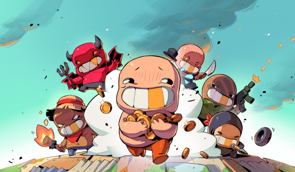 Eat the Rich's key art. A rich person is running off with many pennies in their hands as they are pursued by other players.