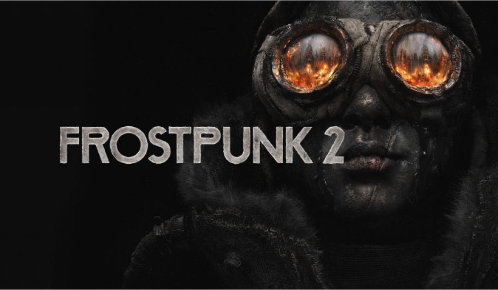 A promotional image for the game "Frostpunk 2" featuring dark tones and stylized text against a cold, atmospheric background.