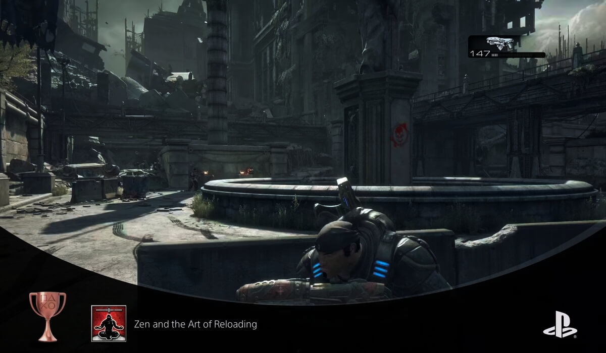 Marcus Fenix ducking behind cover waiting on enemy brutes. 
