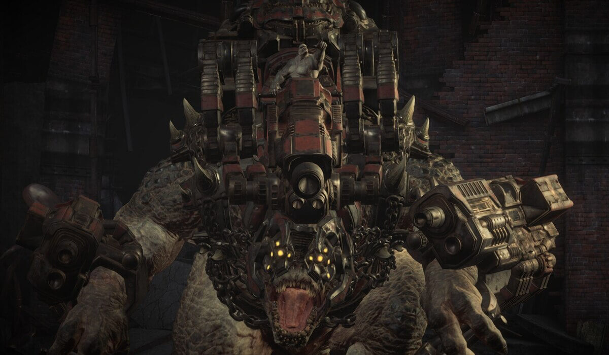 A brute is riding a gian Locust monster with many guns. 