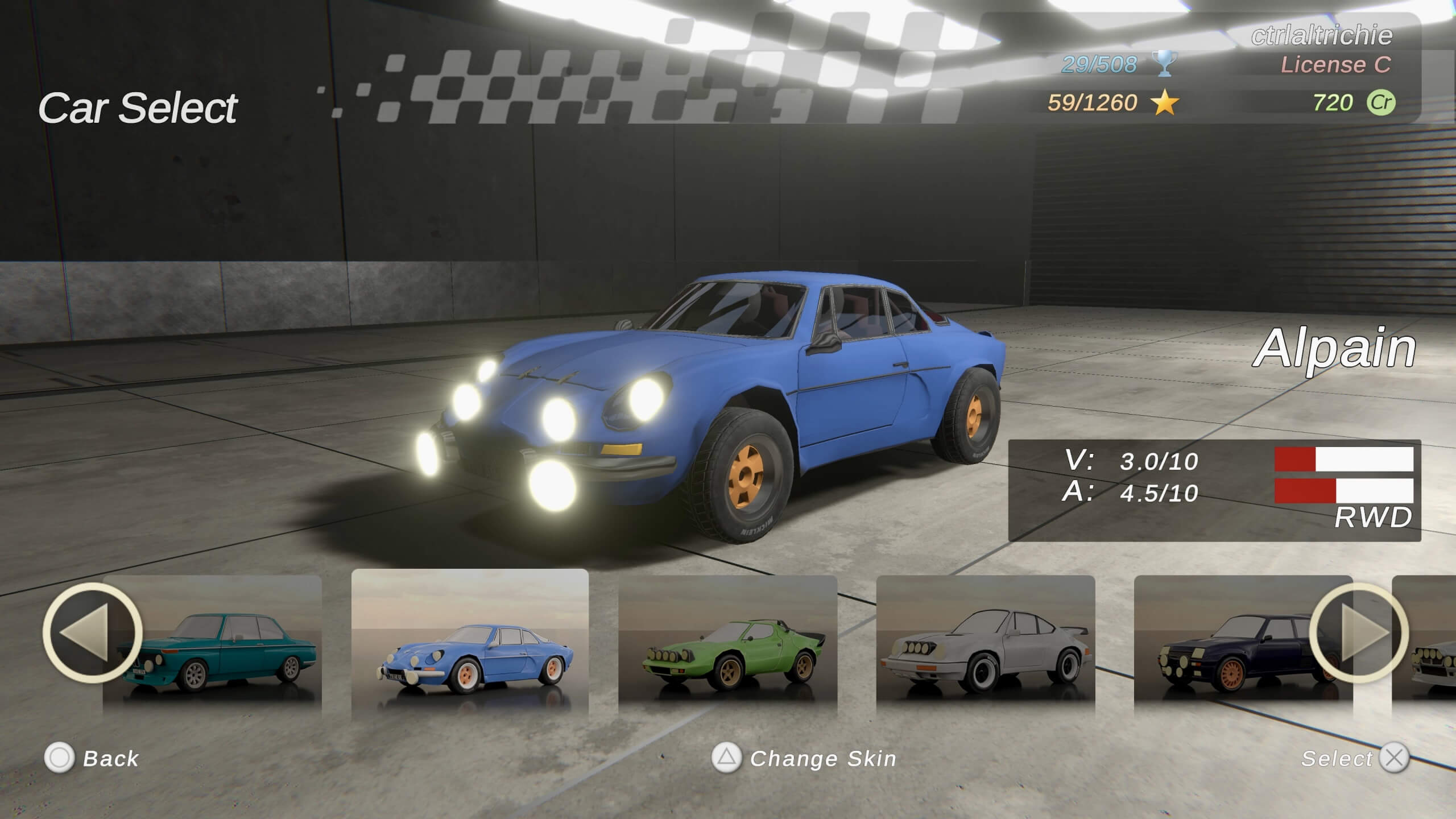 An Alpine car from the car select screen of Rally Arcade Classics