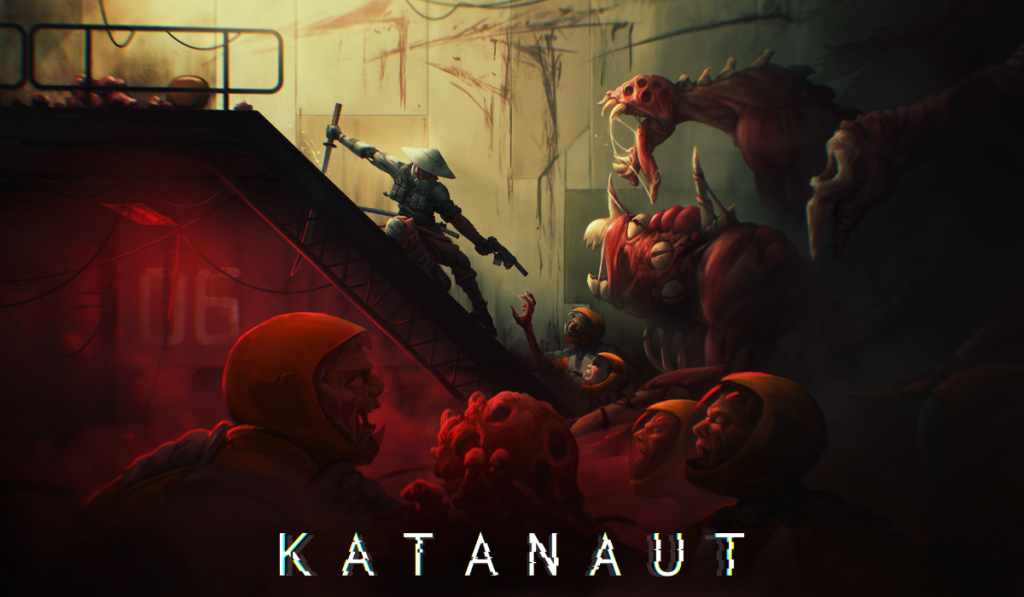 Key art for Katanaut. A warrior armed with a katana clashes against monstrous creatures in a dark, dystopian setting, with eerie red lighting and sci-fi elements.