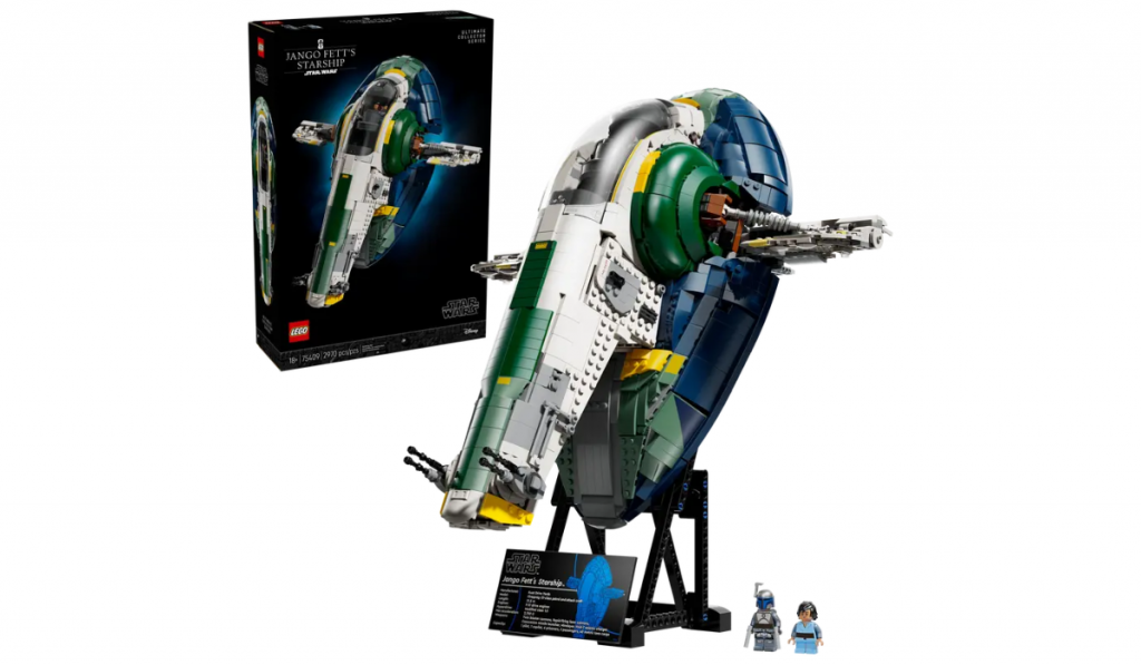 LEGO model of Jango Fett's Starship from Star Wars, displayed with two mini-figures and the original packaging.