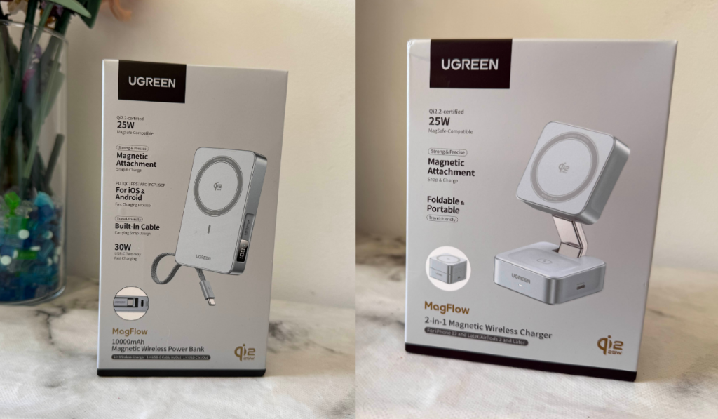 Dos imágenes de la nueva gama Ugreen Magflow, con un cargador inalámbrico y un banco de energía