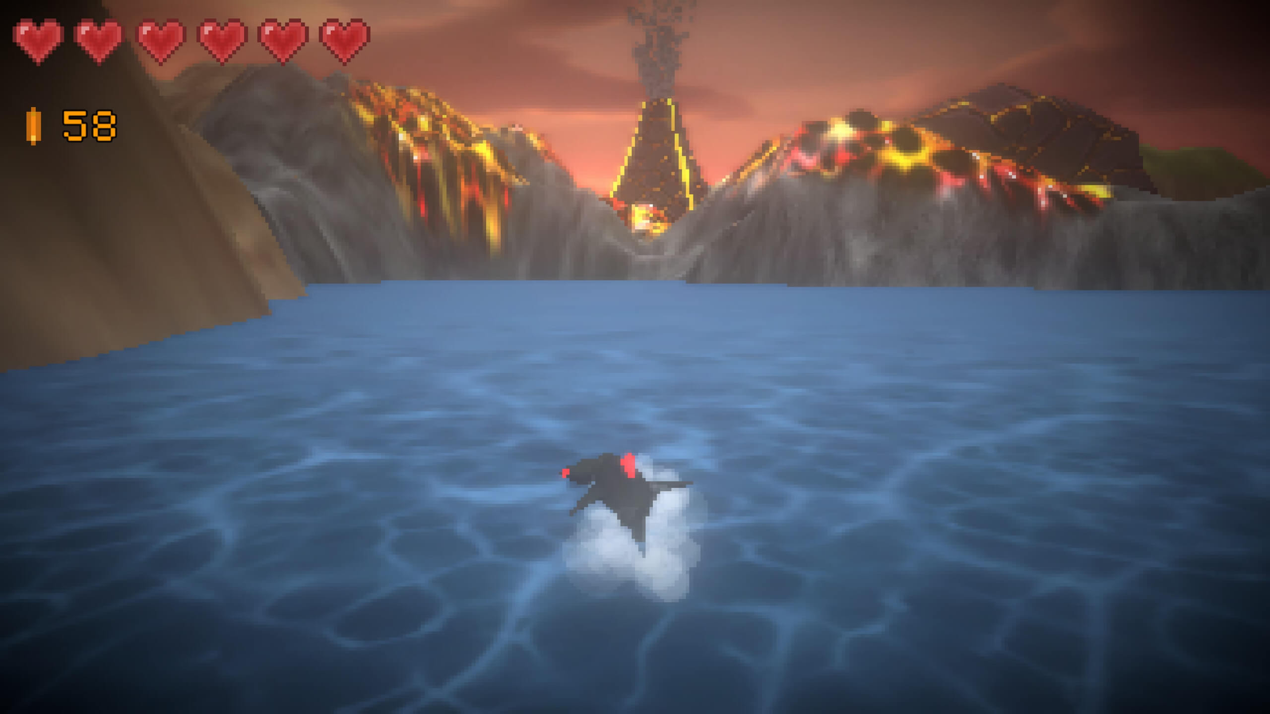 A third person perspective from Maki's Adventure, showing the character swimming in water over a pixelated texture. There are small waves gently breaking over the surface and white foam rising from the surface behind the character. In the distance, there is the edge of a rocky coast, with a volcano in the middle that has lava flowing down its sides. The sky is dark red, giving the impression of an evil place. In the top left of the screen are the game's Heads Up Display, which includes Maki's remaining health (indicated by red hearts) and a numeric value of coins