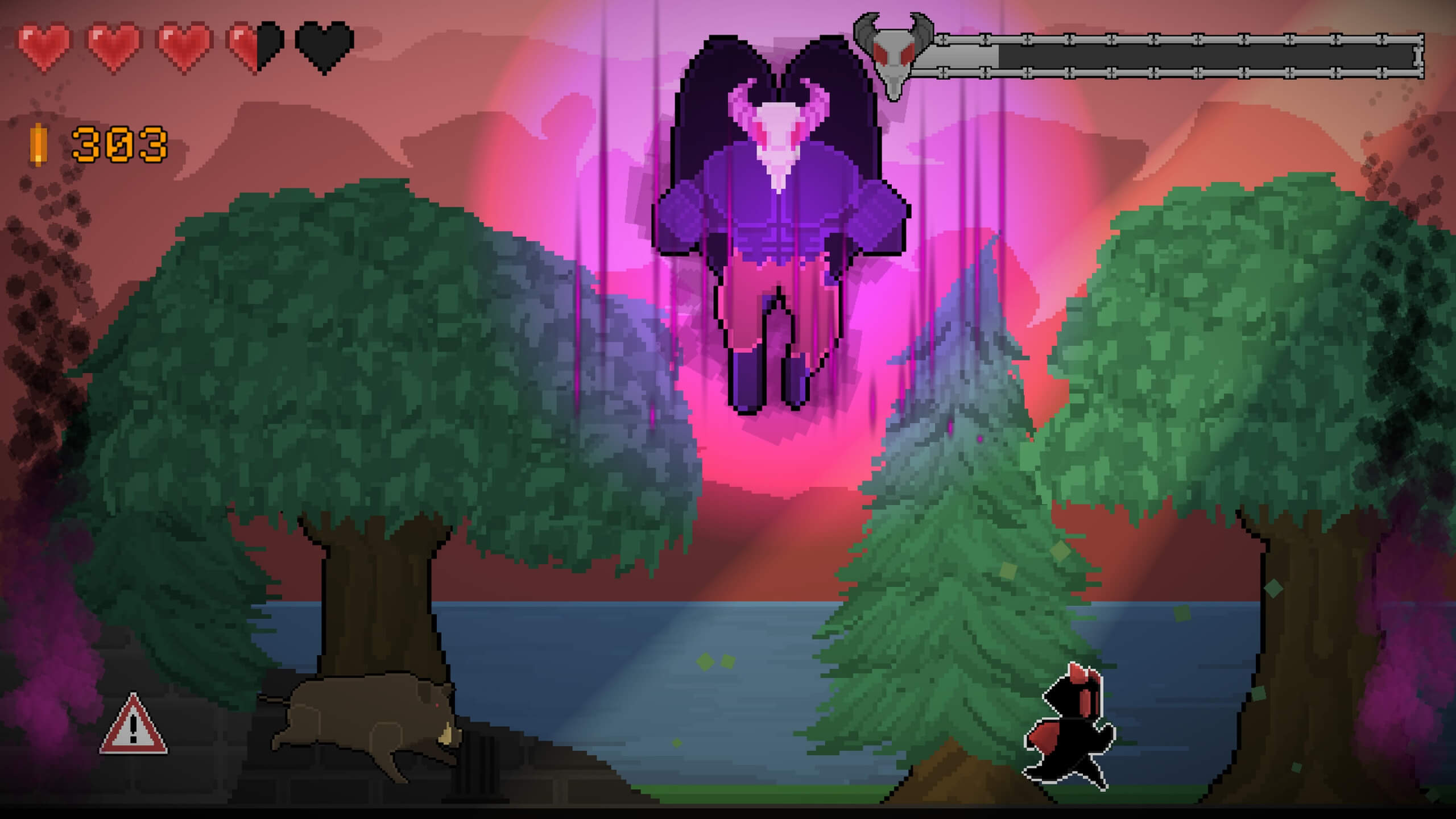 This is a screenshot from the video game "Maki's Adventure." The scene shows a pixel art side-scrolling environment. In the foreground, a silhouetted character stands on a green platform with a warning triangle. There's a bear lying down on the grass. In the centre, there are 2 big leafy trees and a spruce tree sitting next to a body of water, which is sitting in front of a beautiful horizon. The main focus is a large, winged demon boss with a ram skull head and purple attire floating in the air amidst a glowing purple light. The game's HUD displays health hearts, a coin count of 303, and a health bar for the demon boss. The backdrop features a reddish-purple gradient sky and distant, silhouetted hills.