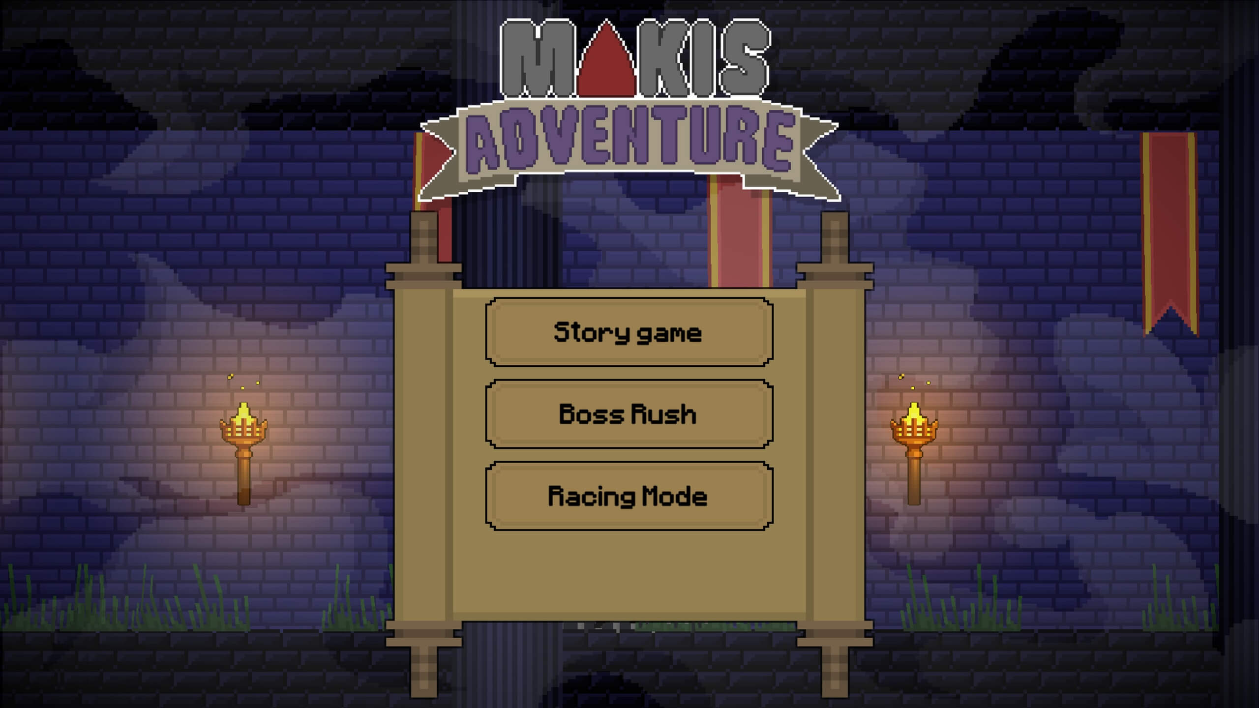Screenshot of the mode select screen for Maki's Adventure. The title "MAKI'S ADVENTURE" is displayed in a stylised pixel font above a scroll, that acts as the background for the buttons. The background presents itself as a castle wall, and below are two torches on either side. The buttons read "Story game", "Boss Rush", and "Racing Mode" in that order, evenly spaced down the scroll.