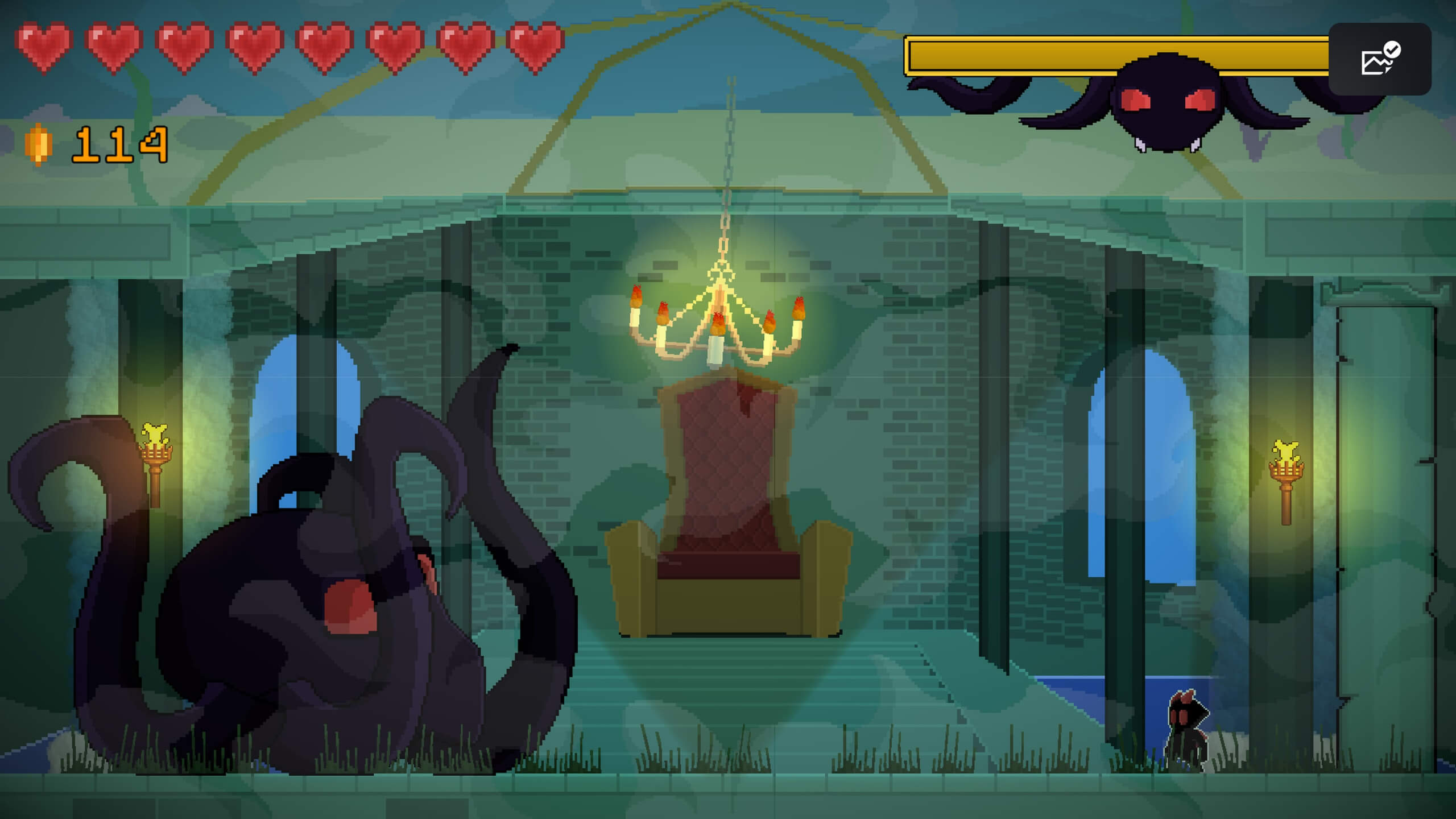This is a pixel art screenshot from the video game "Maki's Adventure". The scene depicts Maki, a small, dark-haired character, navigating a dark, dilapidated castle. In the foreground, on the left, is a large, black, tentacled monster with glowing red eyes. Above Maki, suspended from the ceiling, is Octavio's health bar. Maki is near the bottom right corner of the image, near waist-high pillars. In the background, centralised on a slightly raised platform, is a red and gold throne, lit by a golden chandelier. The player's health bar, depicted as red hearts, sits at the top of the screen, along with the player's coin count, showing "114" coins. The castle's walls are made of grey brick and include arched windows. The overall atmosphere is dimly lit and slightly eerie.