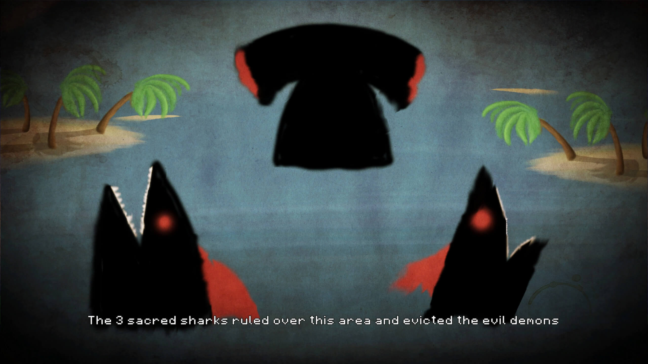 Illustration from Maki's Adventure depicting a story point where 3 sharks with sharp tooth and red eyes evicted a demon figure from the area. In the background, there are palm trees on a sandy island. Some text reads "The 3 sacred sharks ruled over this area and evicted the evil demons"
