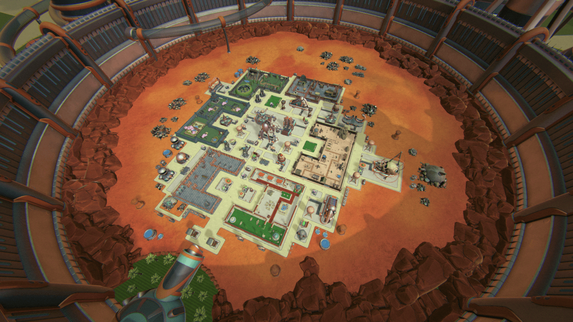Aerial view of a vibrant Martian settlement, featuring futuristic buildings, green spaces, and rocky terrain within a protective dome.