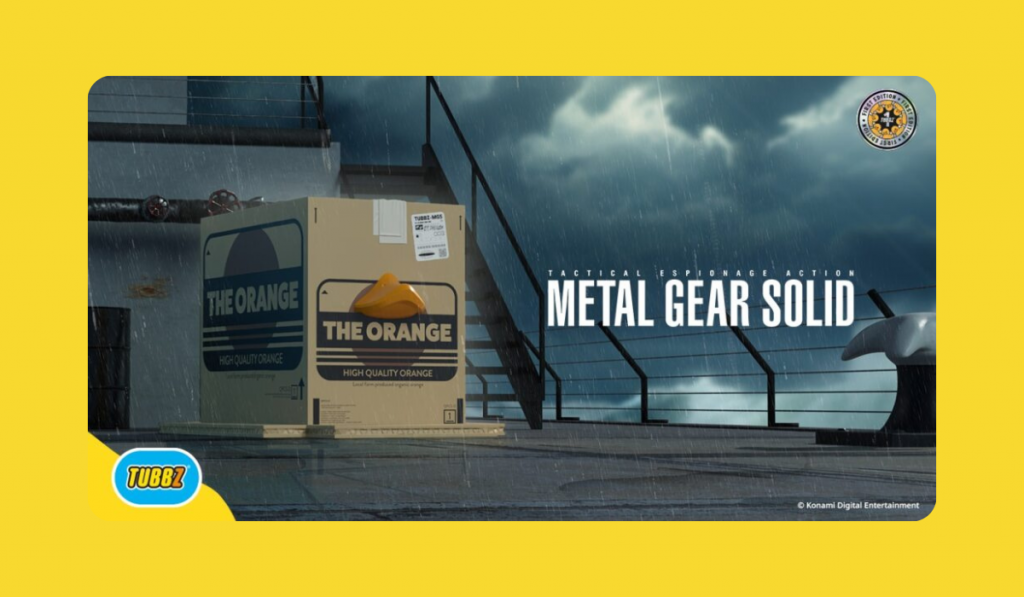 Key art for Tubbz the Metal GearSolid Orange Box duck. A large cartoonish box labelled "THE ORANGE" in a rainy setting, referencing Metal Gear Solid's stealth game themes.