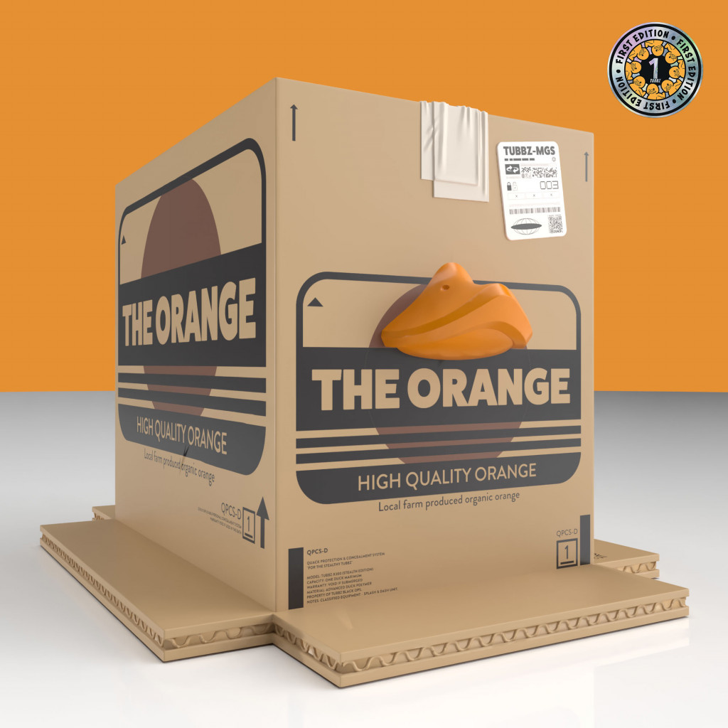 Key art for the Metal Gear Solid: The Orange Box TUBBZ (First Edition). A cardboard box labelled "THE ORANGE" with an orange fruit design, promoting high-quality, locally sourced oranges.
