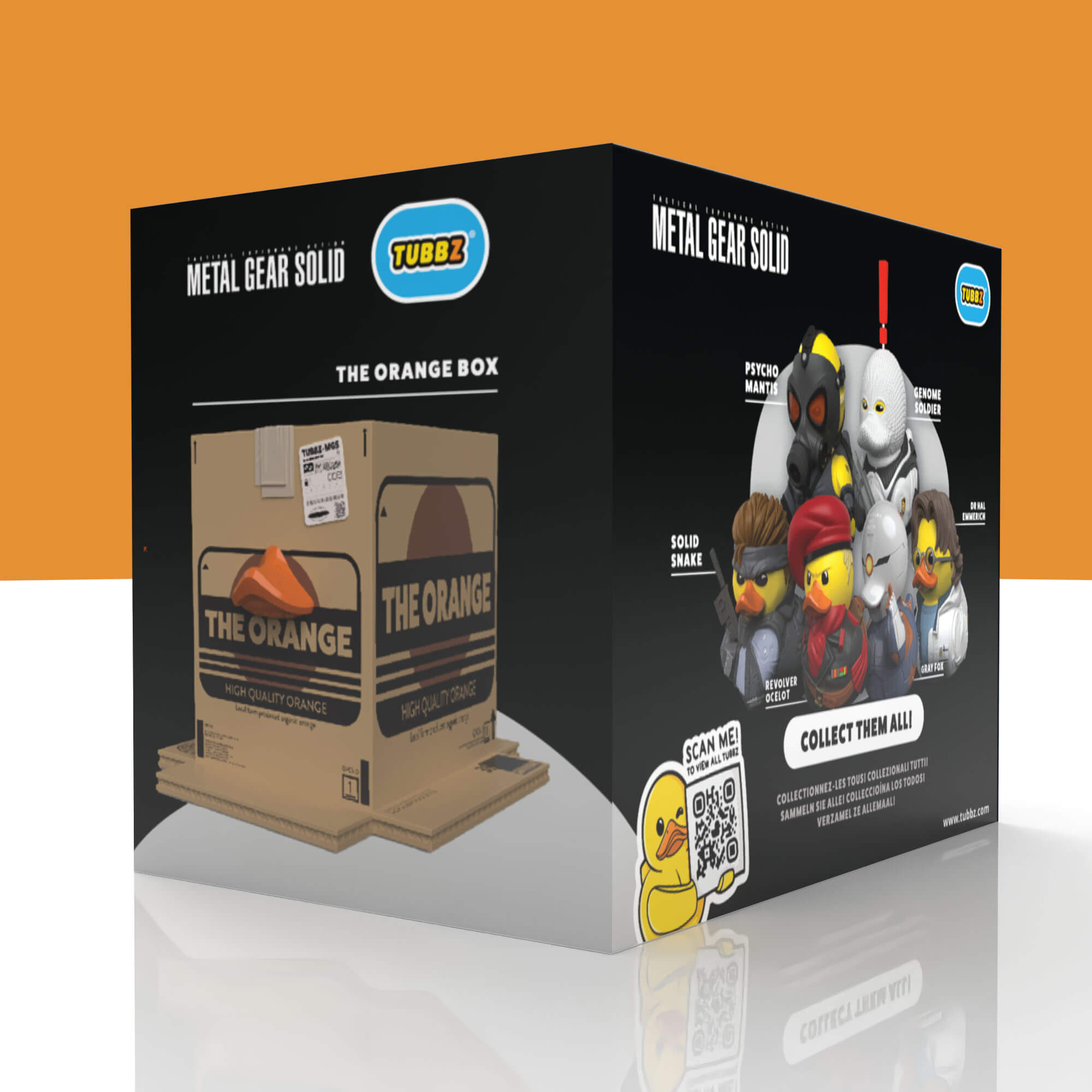 Metal Gear Solid: The Orange Box Tubbz key art. Back of the box showing other collectible characters from Metal Gear Solid as rubber ducks, .