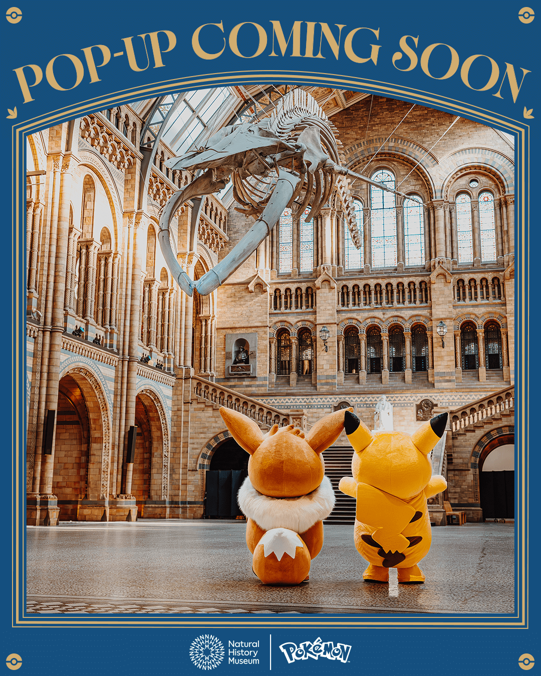 Key art for the The Pokémon x Natural History Museum pop-up shop. Eevee and Pikachu plush mascots face a skeleton in the Natural History Museum, with a "Pop-Up Coming Soon" sign above.