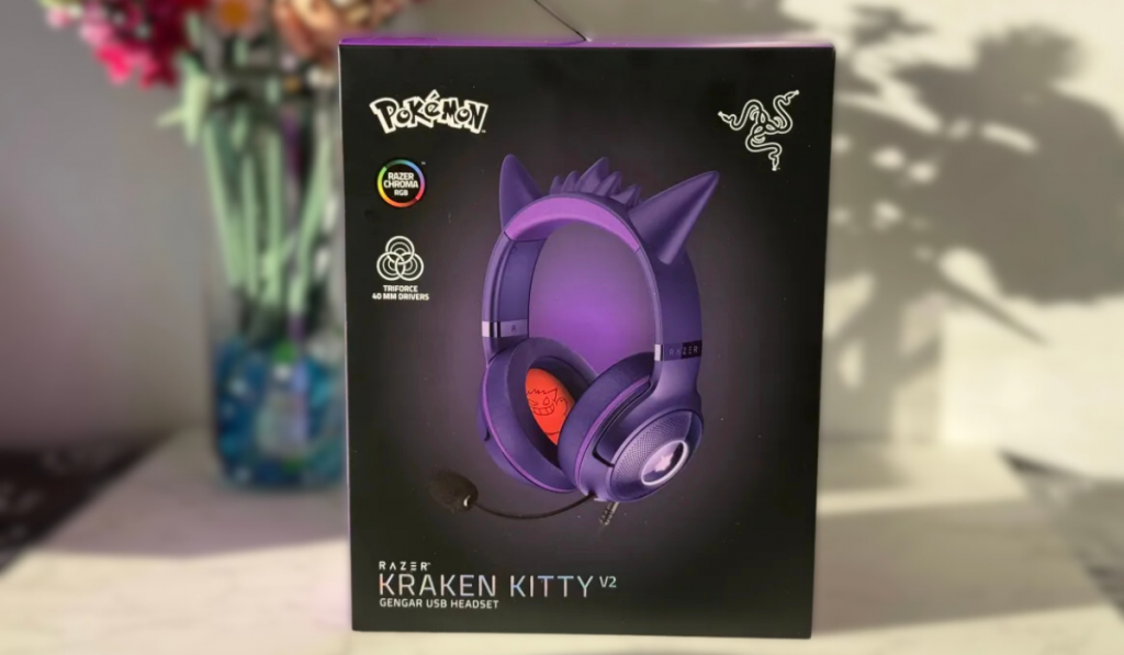 A purple Gengar edition Razer Kraken Kitty V2 headset box featuring Gengar ear design, highlighting RGB and 40 mm drivers for gaming.