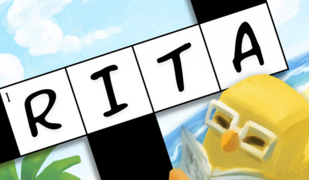 A cartoon yellow bird wearing glasses reads a book beside a crossword puzzle with the letters "RITA" against a blue sky backdrop.