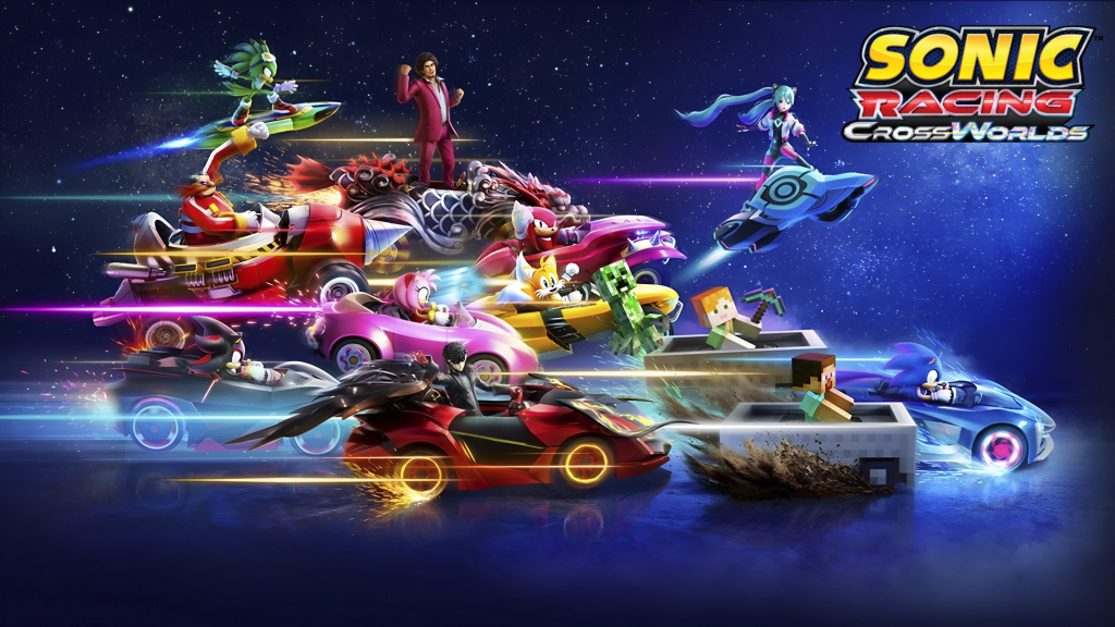 Colourful and dynamic image of various characters from multiple IP’s in unique, futuristic vehicles racing through space. The scene is energetic and vibrant, with a blend of neon trails and motion blurs, creating a sense of speed and excitement. The Sonic Racing Cross Worlds' logo in the top right corner