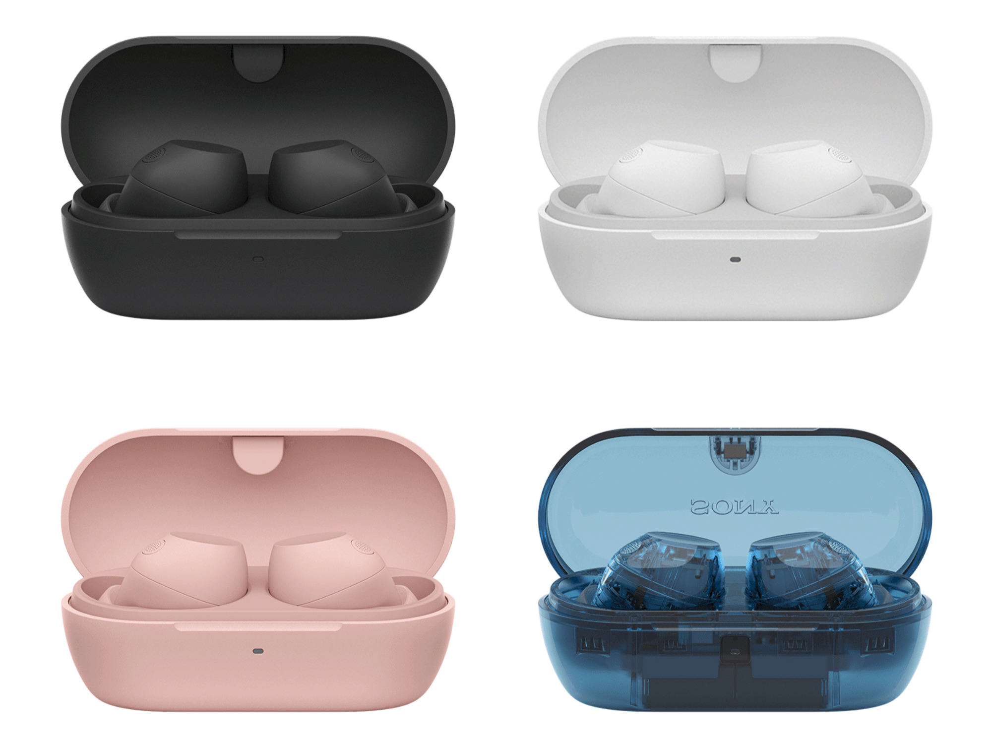 4 Sony WF-C710N earbuds pictured in their open cases. Black, White, Pink and Glass Blue. Pictured over a white background