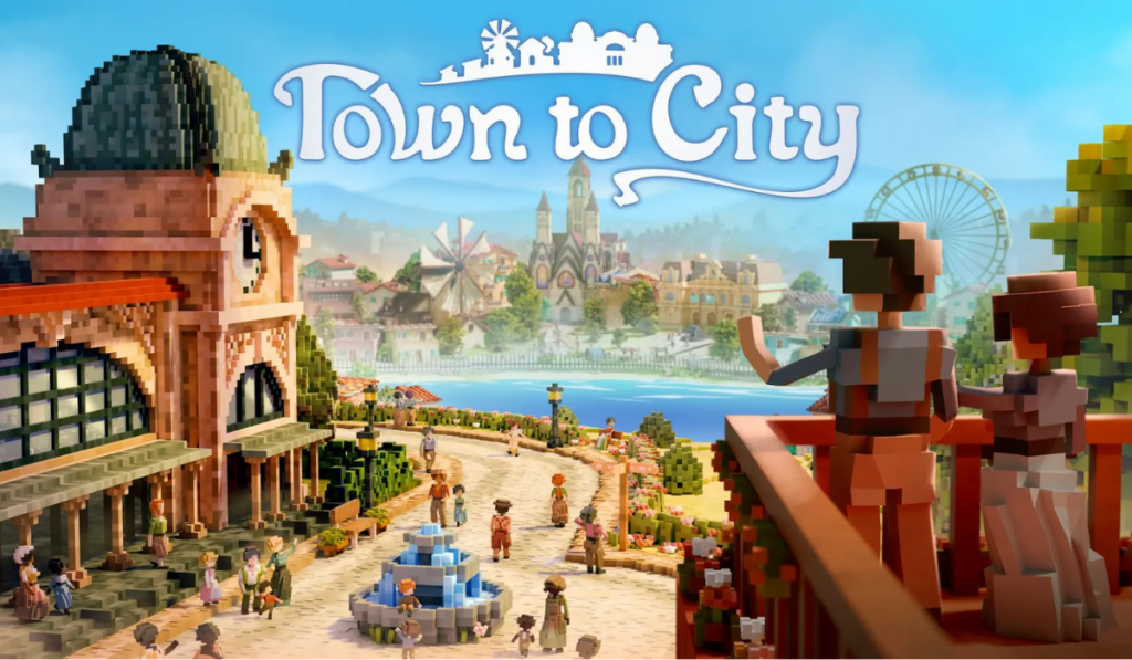 Town to City key art. A blocky, voxel-art town square viewed from a second floor balcony. Small voxel people occupy the scene, where a fountain is situated in the middle of the clearing. Across a body of water, more buildings and structures can be seen, including a windmill and a big wheel. The game logo and text 'Town to City' feature at the top of the image.