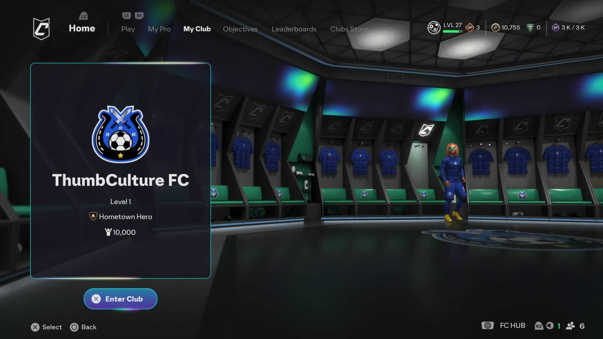 Screenshot from EA Sports FC 26. Virtual football club interior with a blue and black themed logo for 'ThumbCulture FC' displayed on a screen. The locker room features jerseys on the walls and a player avatar in a blue uniform standing inside. 