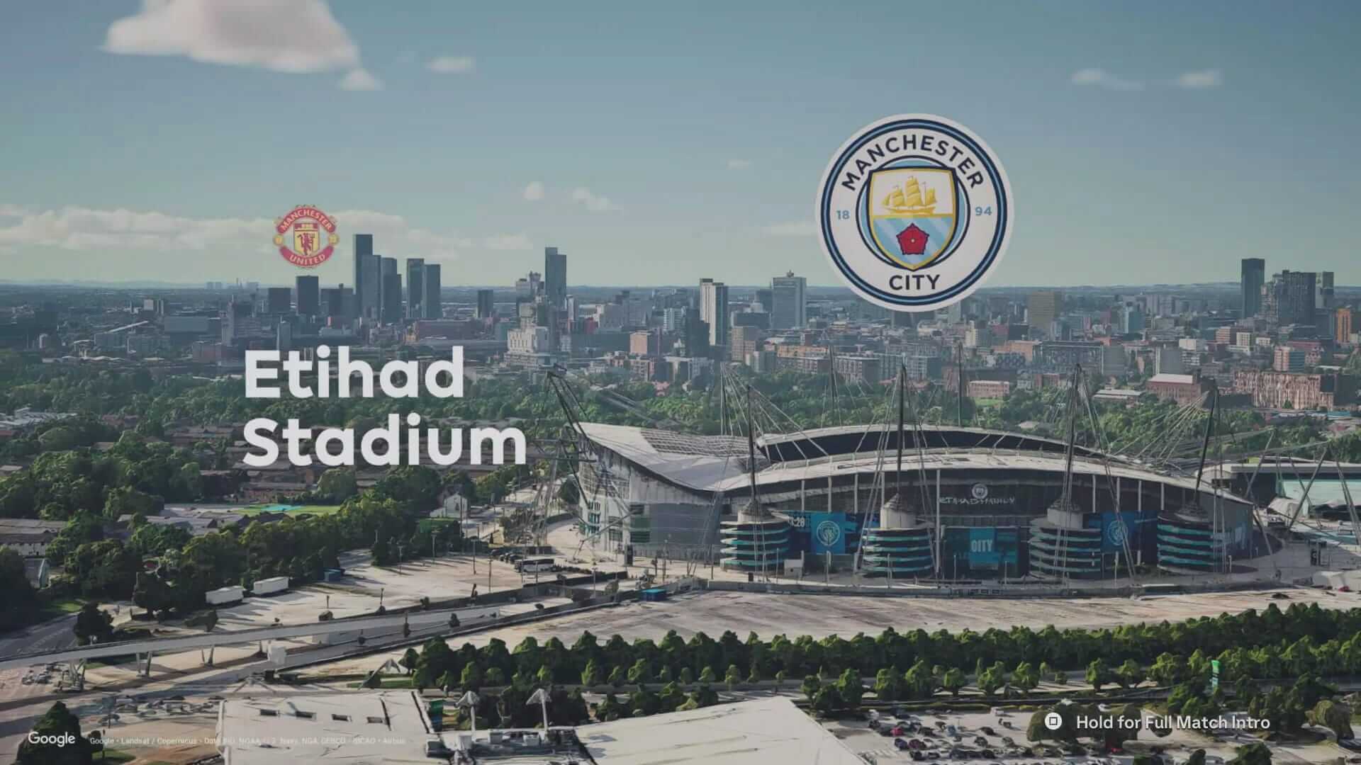 Screenshot from EA Sports FC 26. Aerial view of Etihad Stadium in a bustling cityscape. Prominent logos of Manchester City & Manchester United appear in the sky above. Bright, clear day.