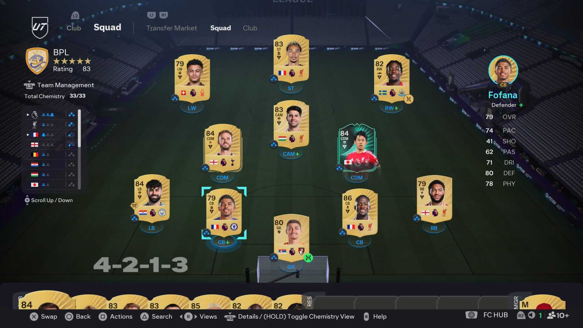 Screenshot from EA Sports FC 26. FIFA Ultimate Team squad screen showing a 4-2-1-3 formation. Player cards with ratings and positions are arranged on a virtual field.