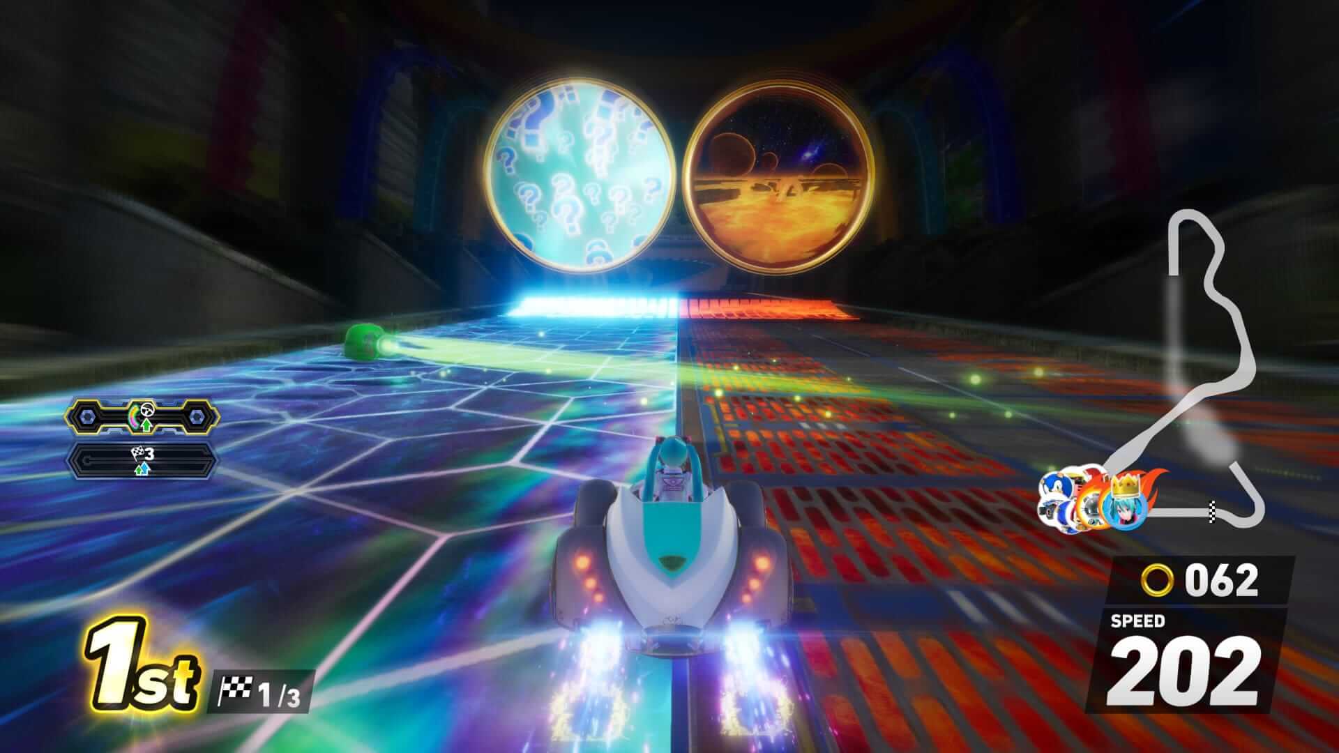 Screenshot from Sonic Racing: Crossworlds. A race car speeds on a vibrant neon track with glowing blue trails. Two portals loom ahead, one with question marks, the other glowing orange. Speedometer reads 202.