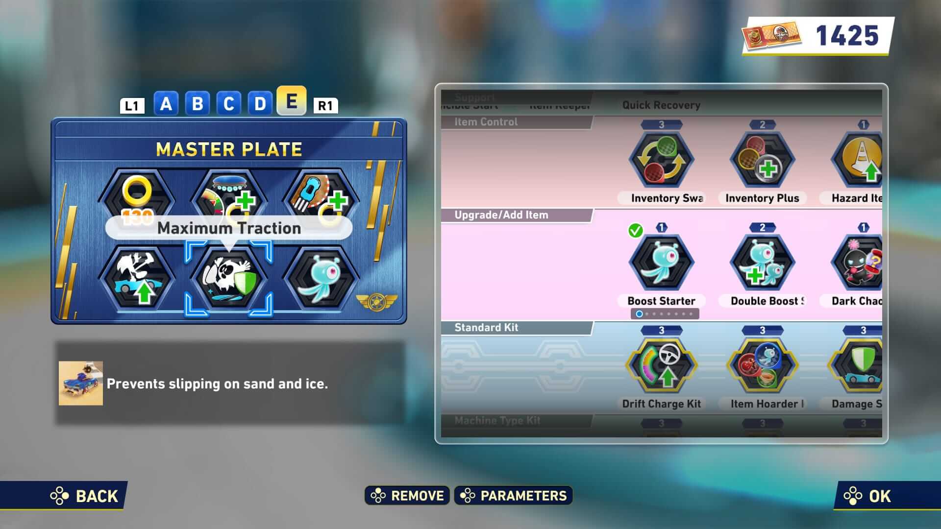 Screenshot from Sonic Racing: Crossworlds. A menu screen shows “Master Plate” upgrades like “Maximum Traction,” enhancing grip on sand and ice. Options include “Boost Starter” and “Double Boost” Emphasizes customisation, strategy, and progress.