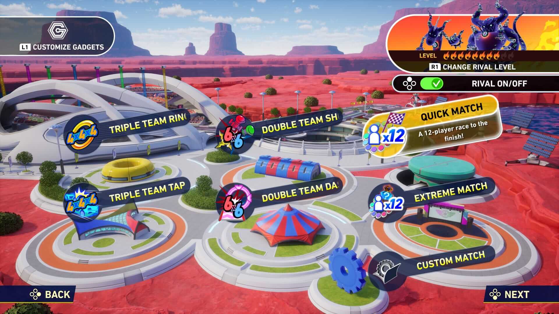 Screenshot from Sonic Racing: Crossworlds. Colourful video game lobby screen featuring various team match options set in a futuristic desert landscape. Icons indicate player matches and customisation.