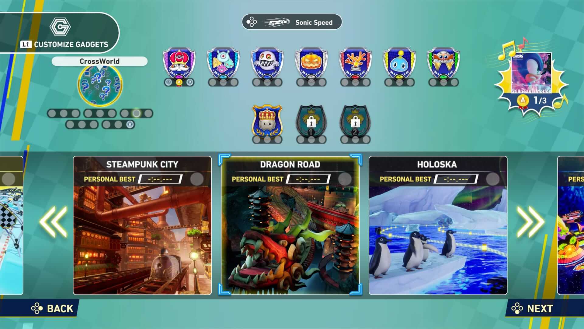 Screenshot from Sonic Racing: Crossworlds. Game selection screen with a Crossworld theme. Top row shows eight colourful badges. Below, three racing tracks: Steampunk City, Dragon Road, and Holoska, each with vibrant visuals. The bottom navigation bar has “Back” and “Next” options.
