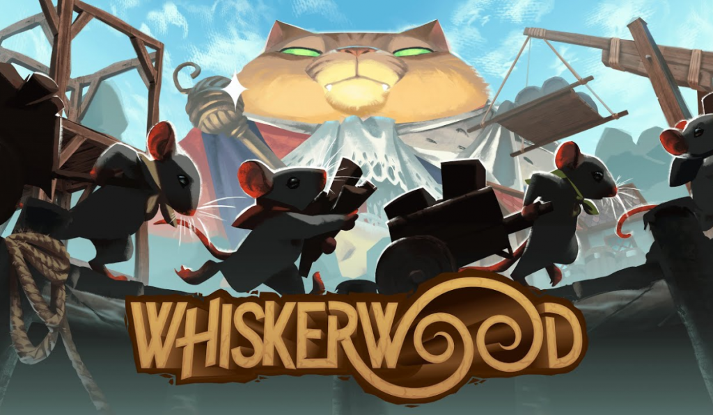 Whiskerwood key art. A group of animated mice transport goods under the looming presence of a giant, regal cat in a fantasy setting