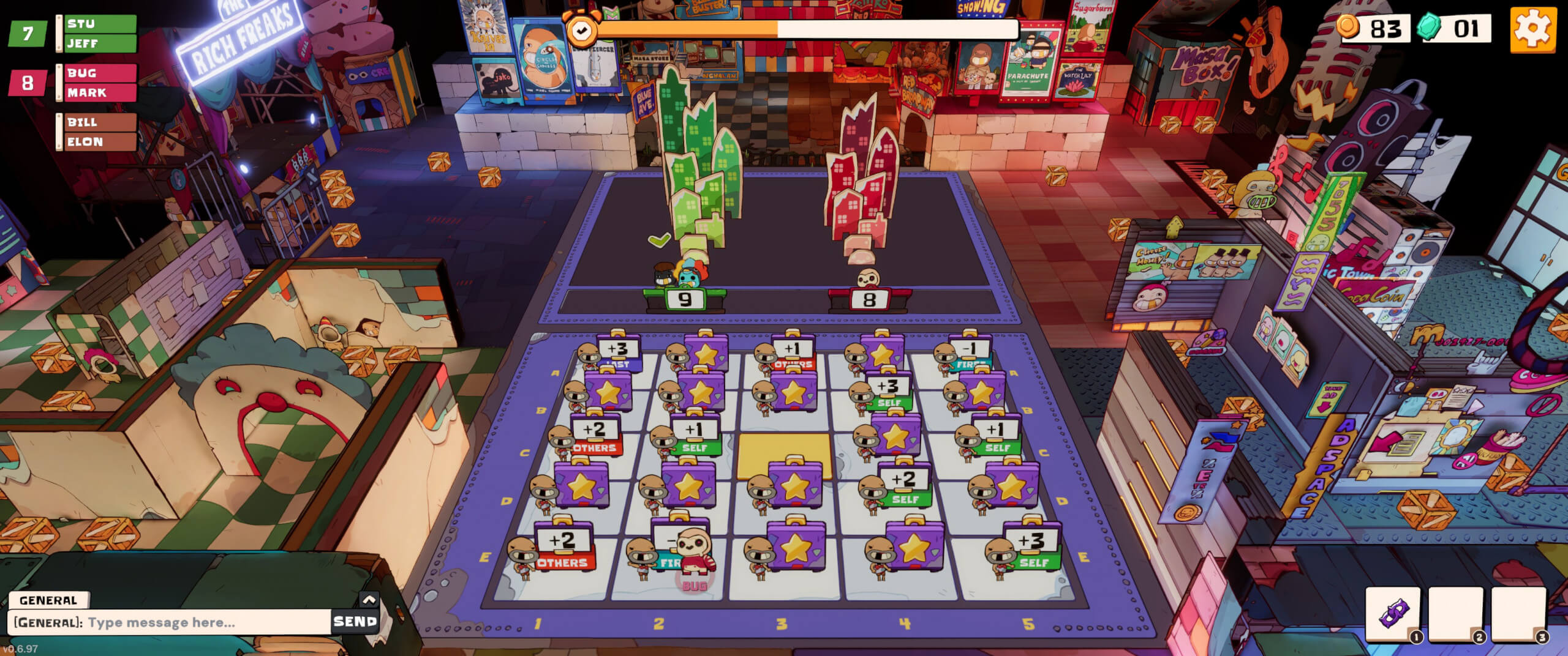 Screenshot from Eat the Rich. The minigame with the cases that give points. Players are standing on a stage while one is picking one of the cases below.