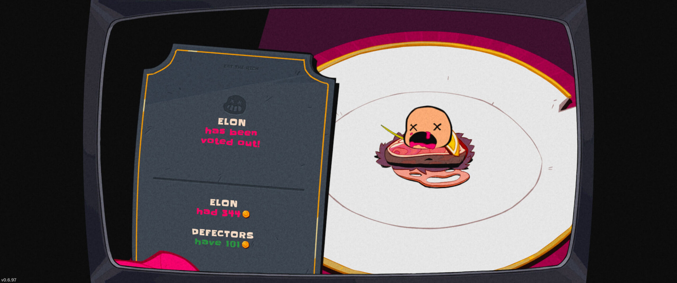Screenshot from Eat the Rich. The head of a player who has been voted out, served on a plate