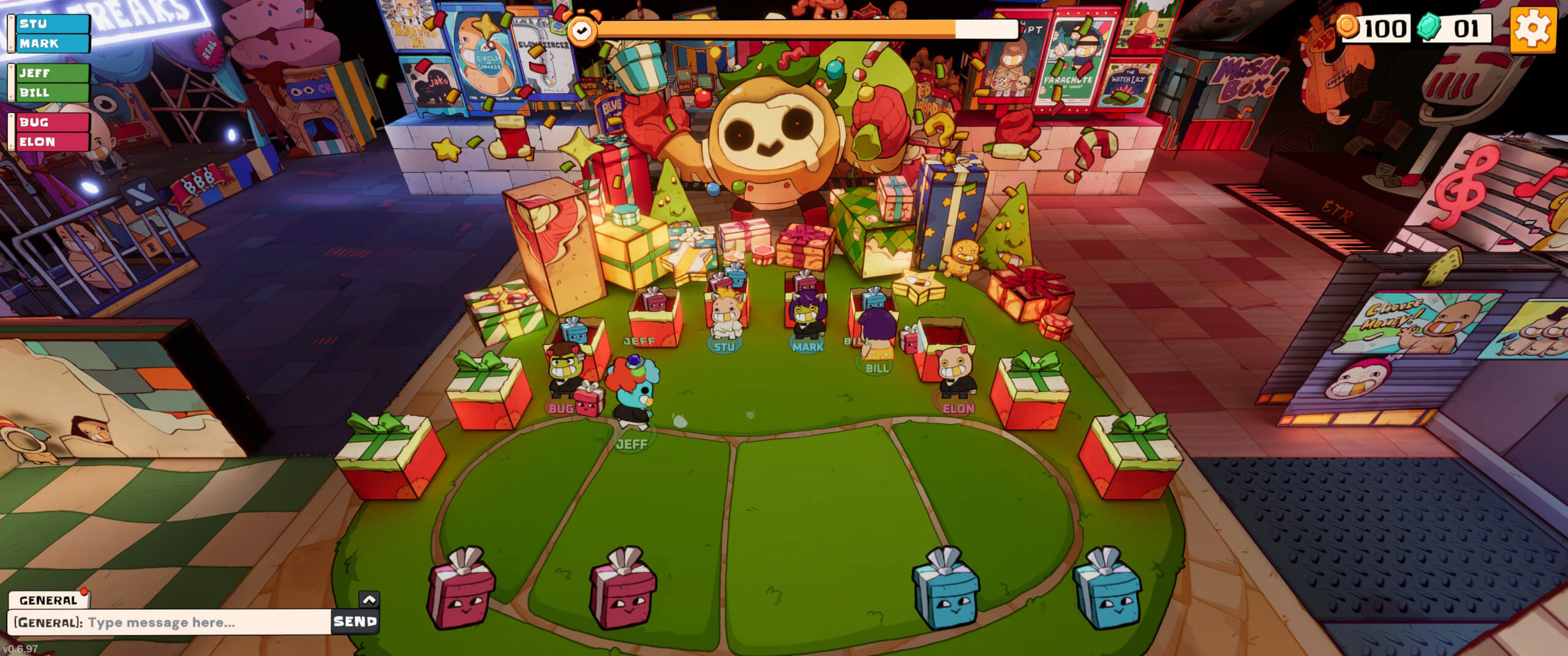 Screenshot from Eat the Rich. The players are gathered in a circle as they hand out gifts to others in pairs of two.