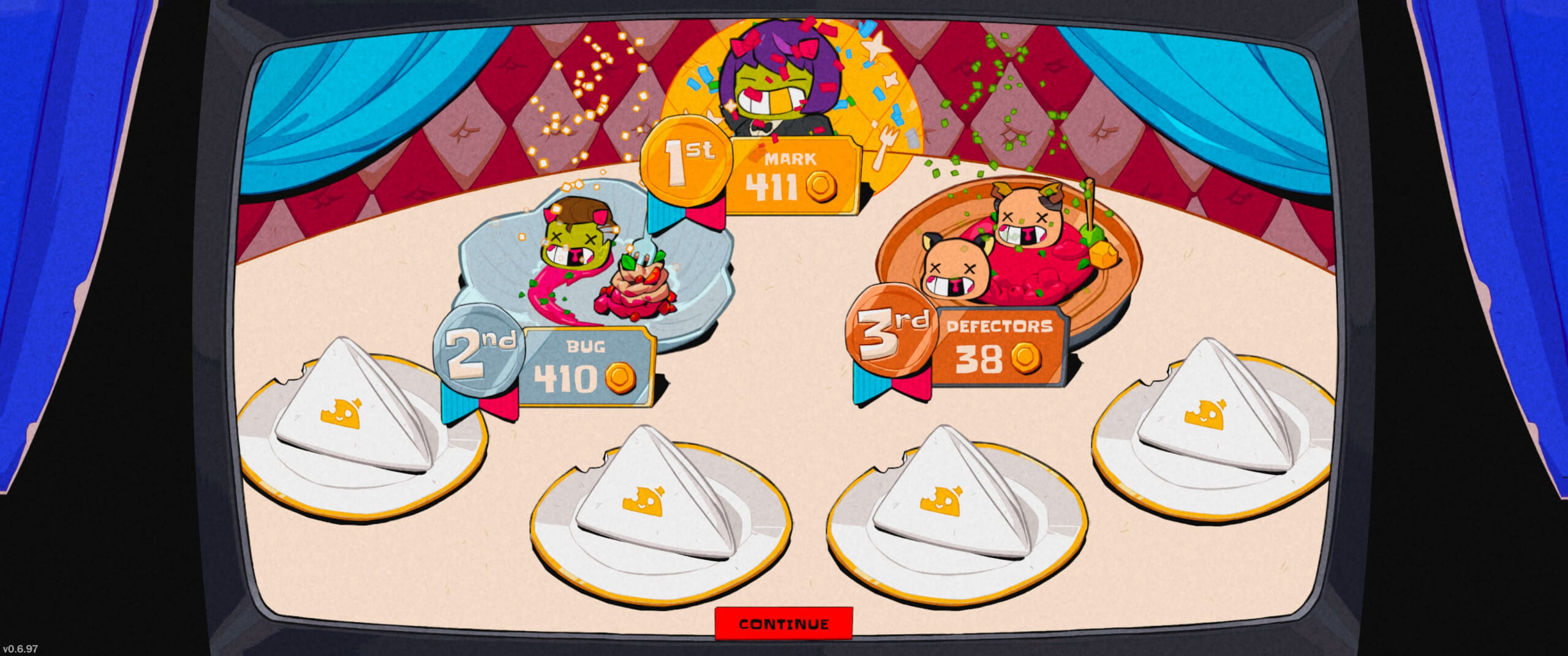 Screenshot from Eat the Rich. The winning screen. One player is left alive as the 1st place, while the others are decapitated and served on plates.