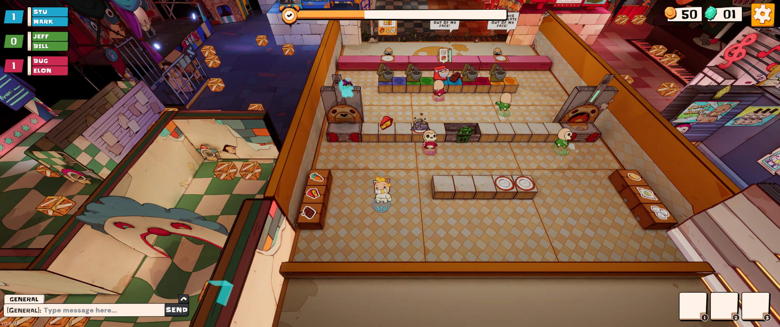 Eat the Rich's “overcooked” minigame. The players are standing in a kitchen that is divided in the middle. Ingredients and ovens are in the bottom half, while the top half mixes them into batter and serves.