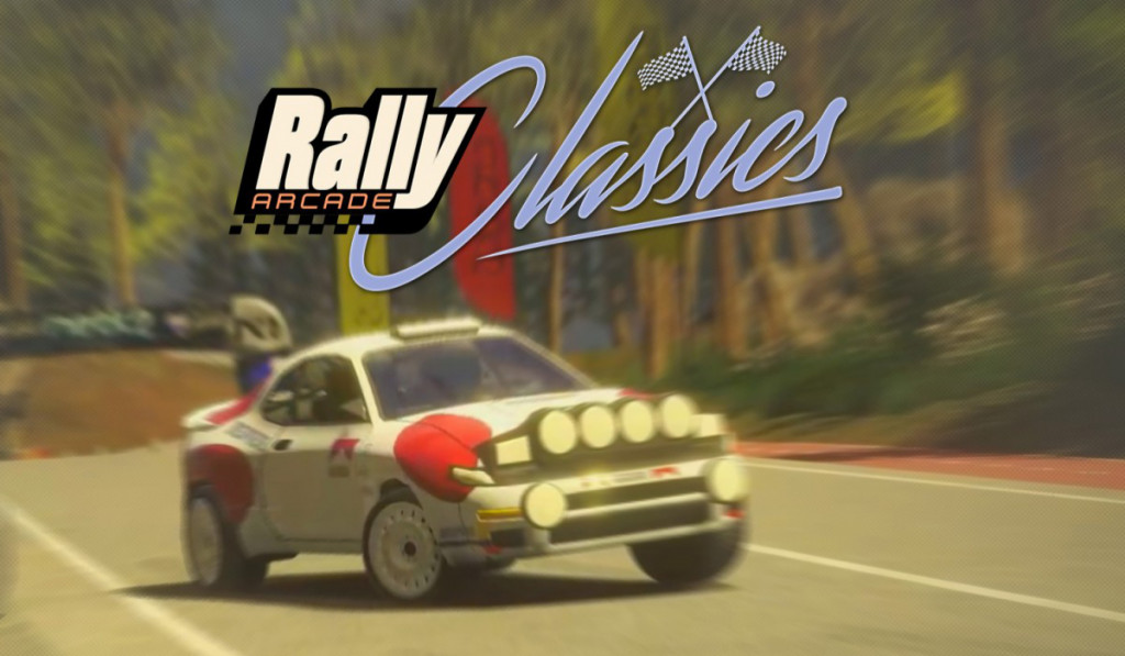 Key art for the video game Rally Arcade Classics. A rally car powers through a winding road amidst trees, with the text "Rally Classics" layered above it.